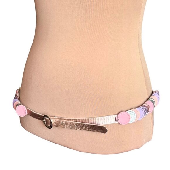 Vintage Cole Haan Slim Metallic Leather Belt Sz L Rose Gold Round Accents 90s main image 12